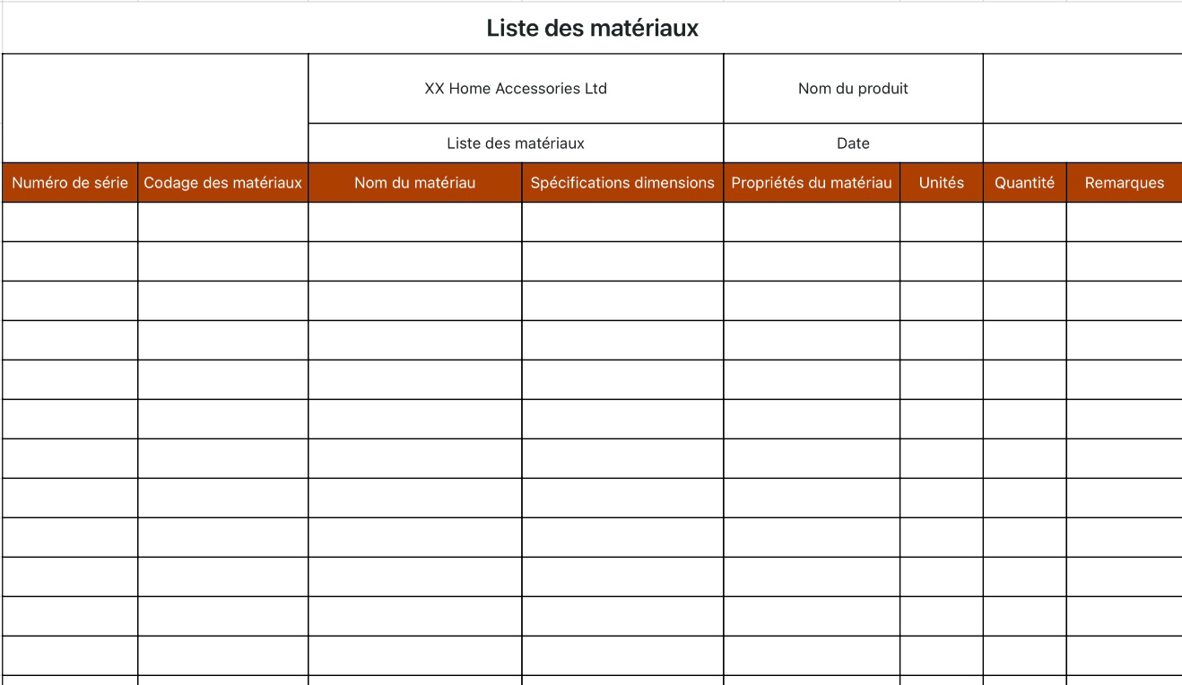 Liste des matériaux